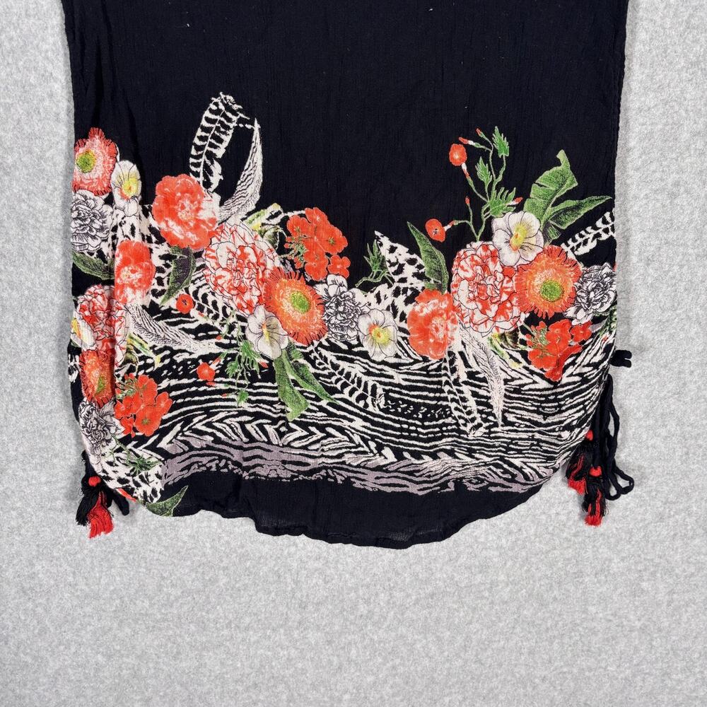 Womens Gauze Top Small Orange Green Floral Sequin Ruched Side Tie Resort Cruise - Picture 3 of 9